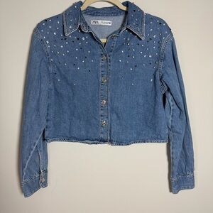 ZARA Rhinestone Jewel Cropped Denim Button Down Medium
